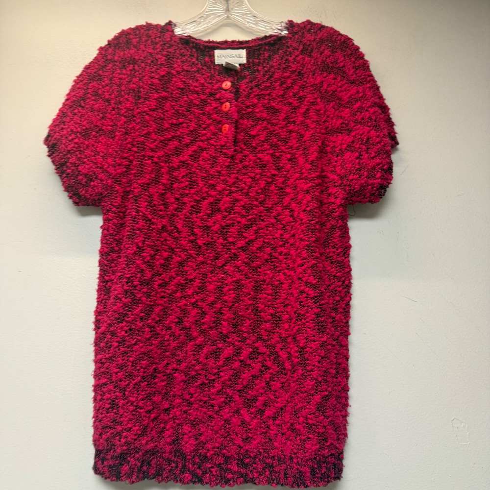 Mainsail Sweater Top Womens Large Red Black Marled Nubby Knit Henley Short Slee